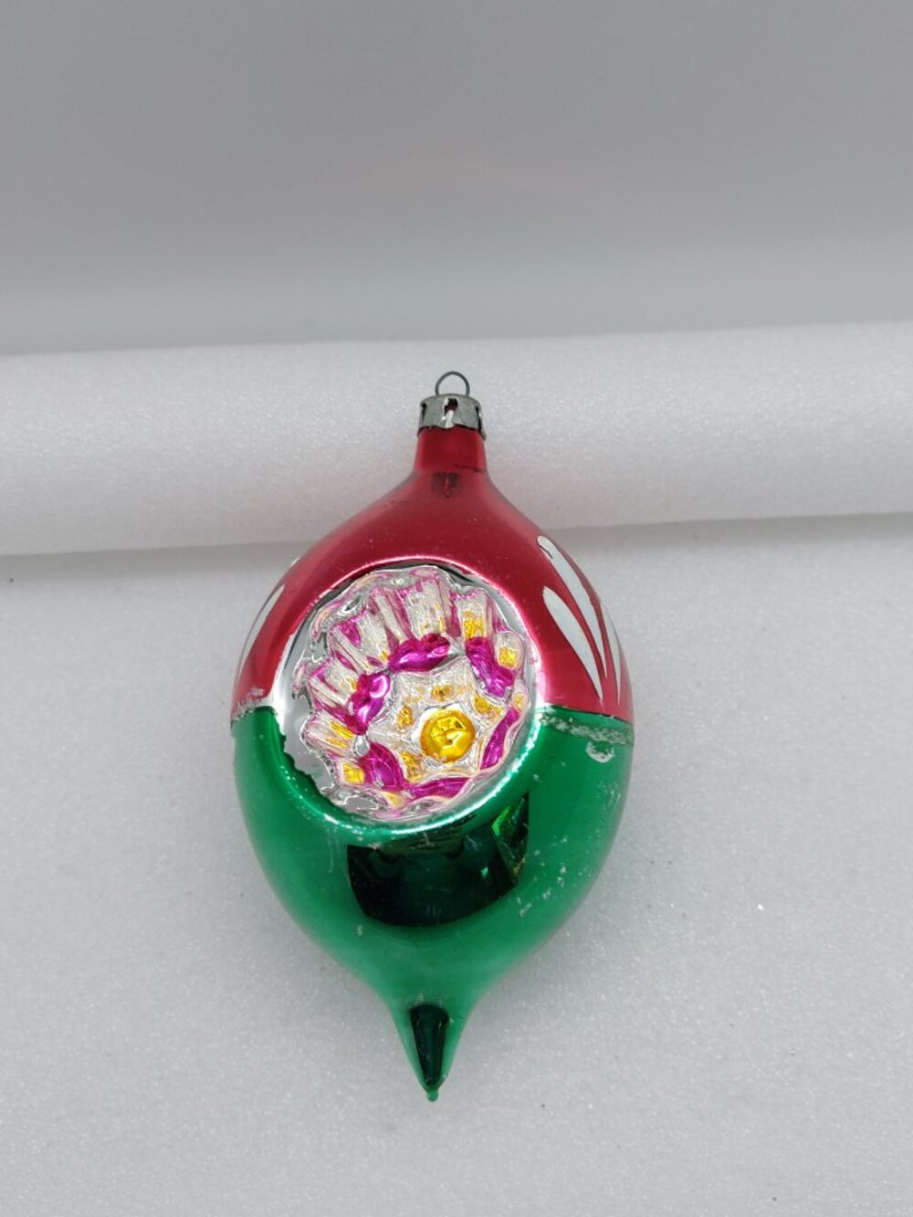 Vintage Red & Green Christmas Glass Ornament Teardrop Indent